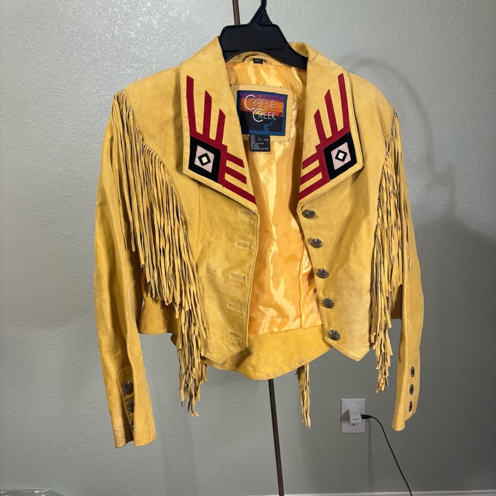 Cripple Creek L Yellow Leather Fringe Jacket